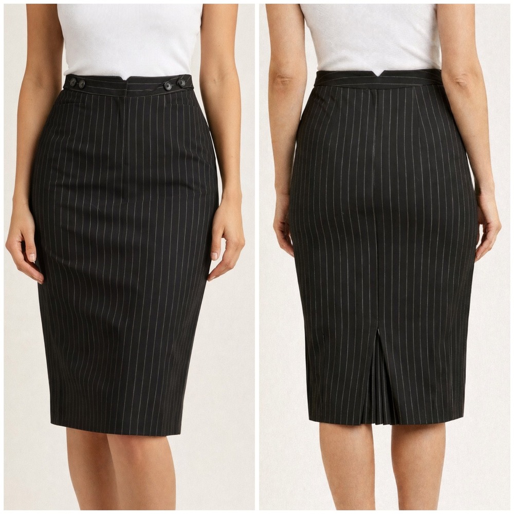 Norma Kamali‎ Black Pinstripe Pencil Skirt Button Detail Tailored Size 12